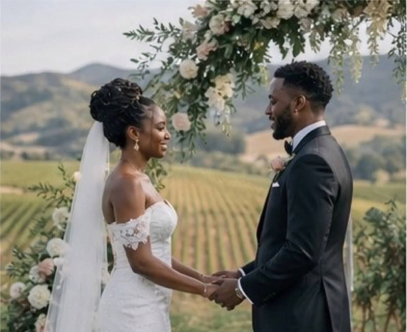 First look beneath a floral arch
