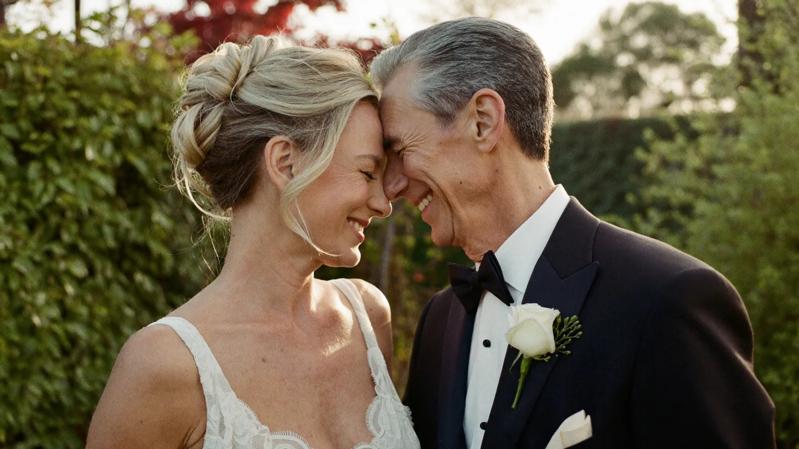 Editorial golden-hour wedding portrait, couple forehead to forehead
