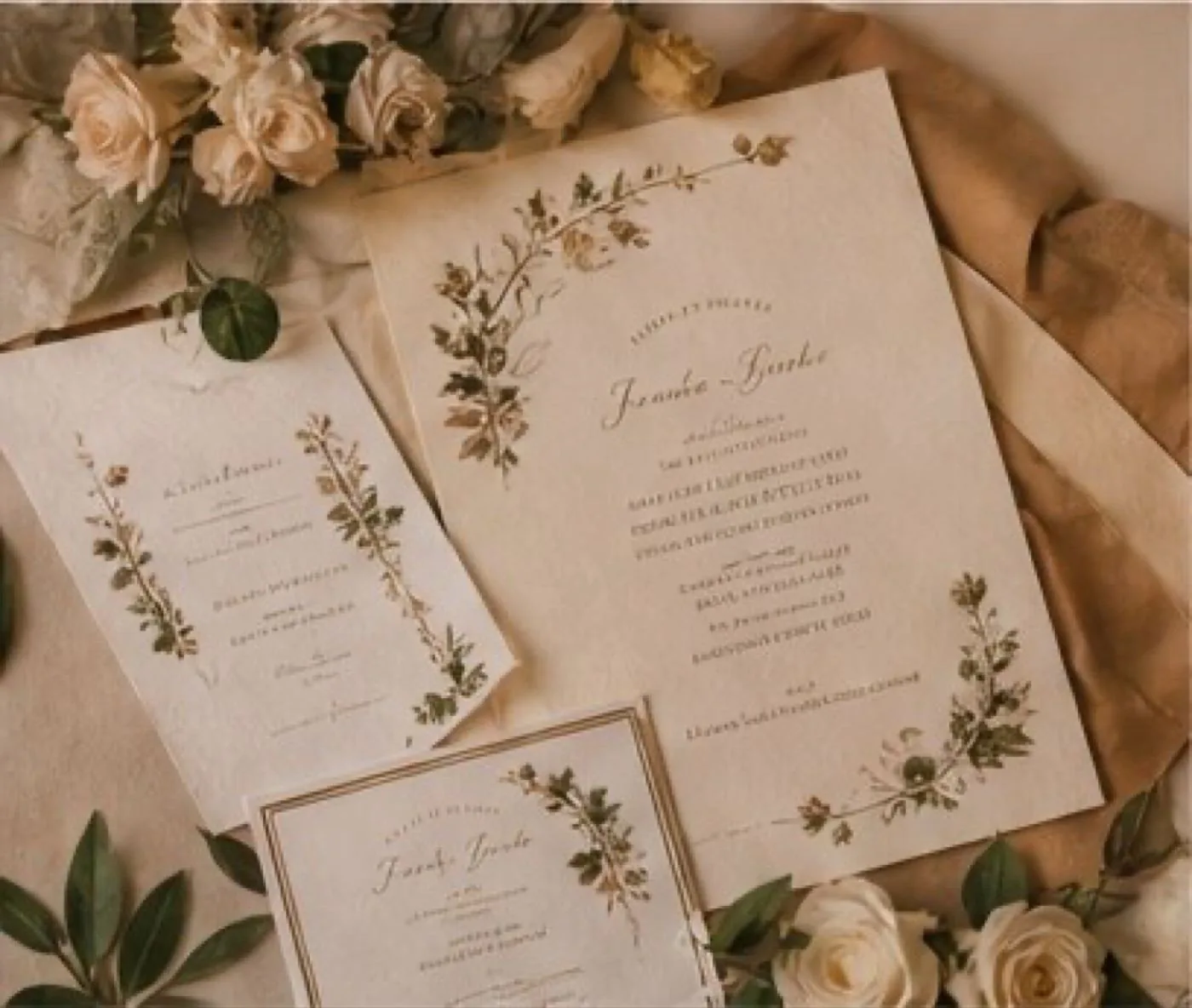 Wedding invitation suite, flat lay