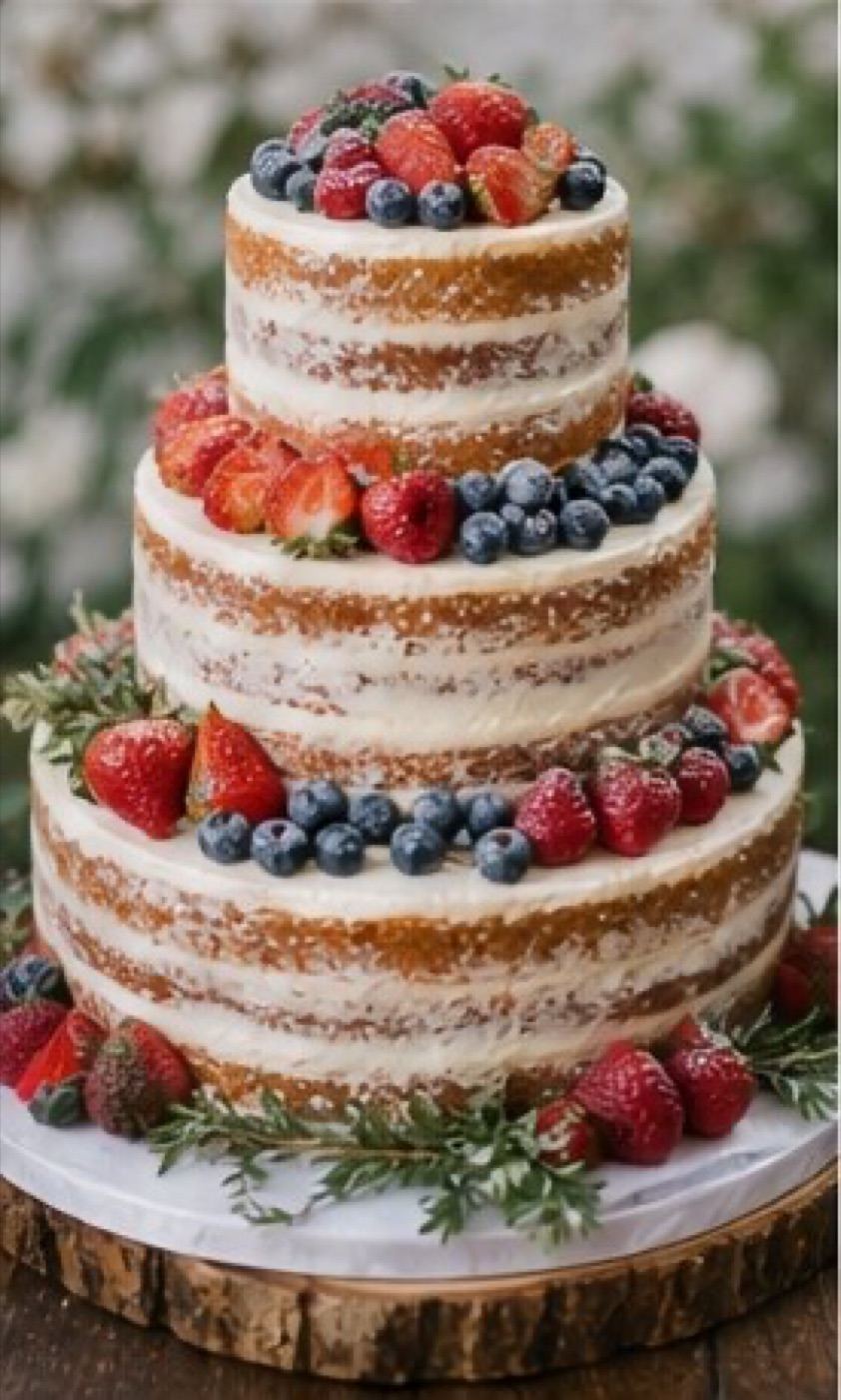 Naked wedding cake with fresh berries