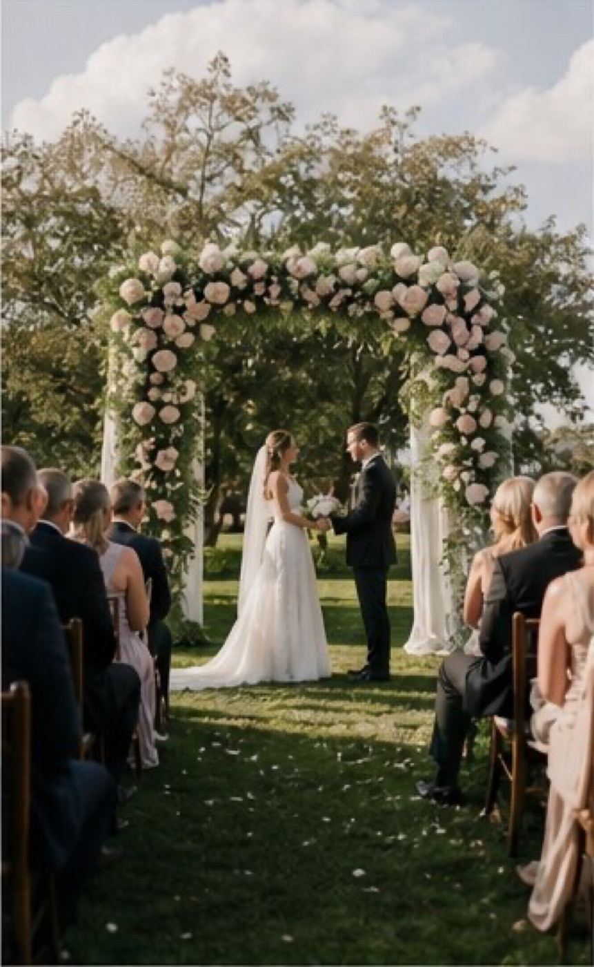 Outdoor Cleveland wedding ceremony beneath a floral arch