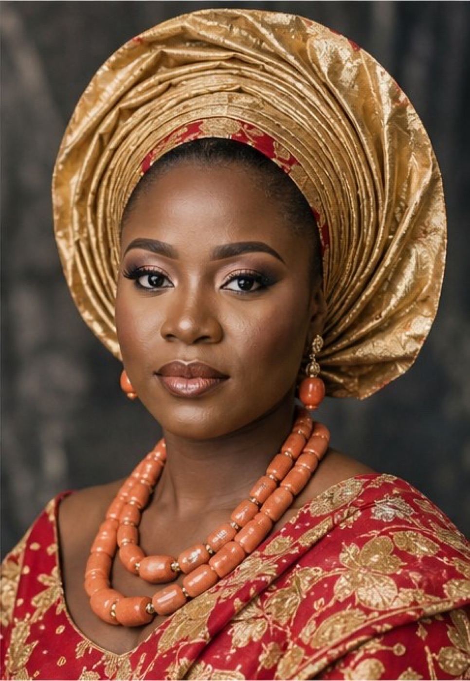Bride in a traditional gold gele and coral beads