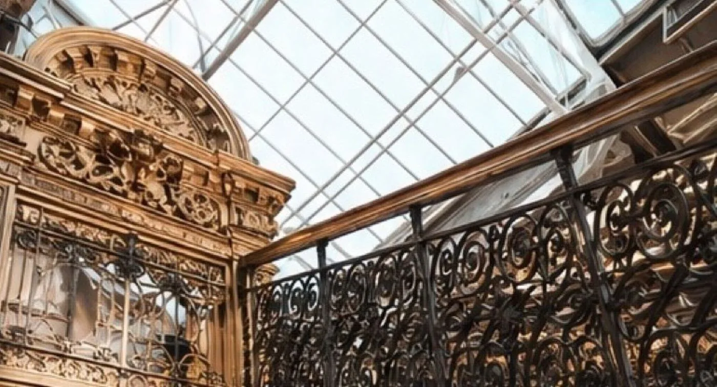 Ornate carved balcony detail at the Cleveland Arcade, historic downtown wedding venue architecture