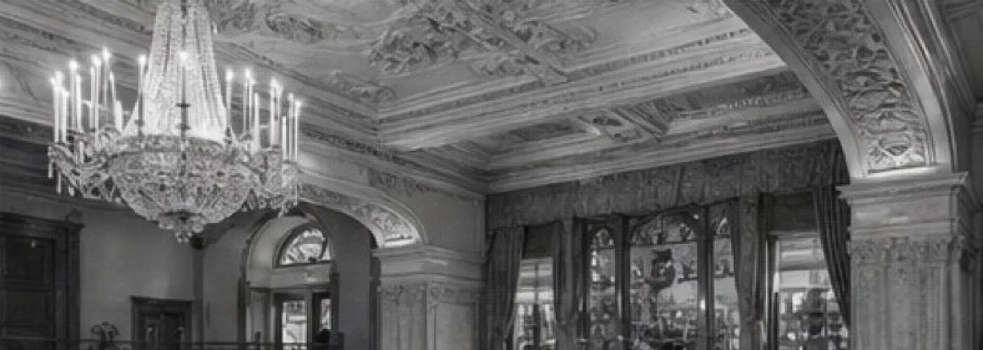 Chandelier lounge with Art Deco detailing at the Severance Hall wedding venue, black and white