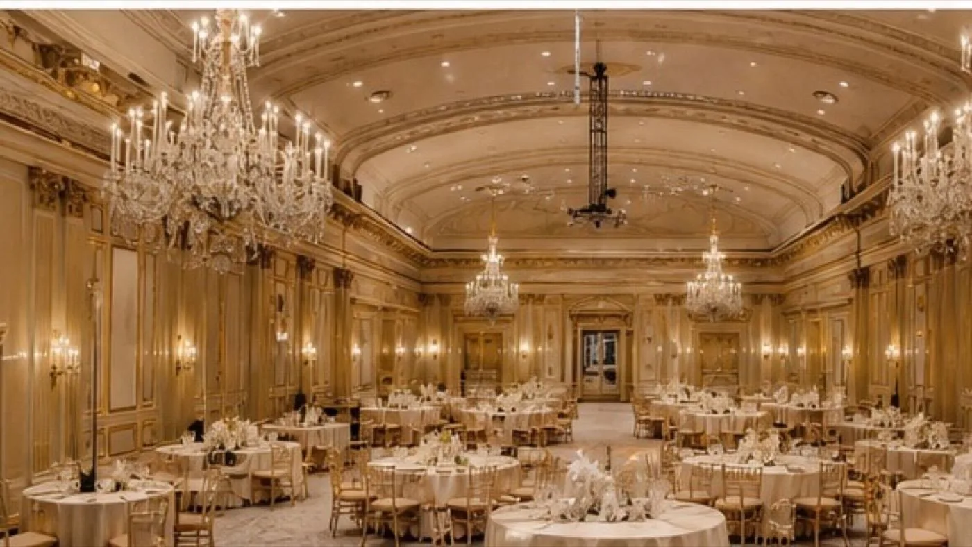 Gold chandelier ballroom set for a wedding reception near Cleveland, Ohio