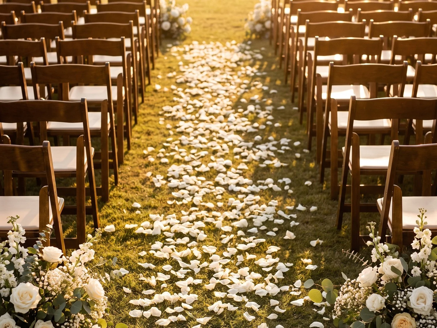 Empty outdoor ceremony aisle at golden hour, wooden chairs, scattered white rose petals on grass.