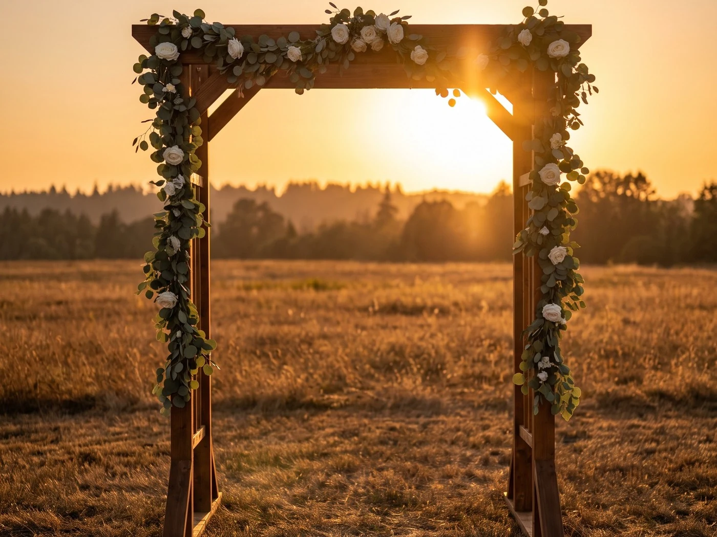 Wooden ceremony arch draped with eucalyptus and white roses alone in a field at sunset.