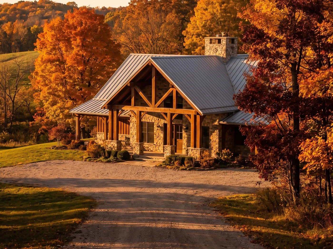 Timber and stone lodge ringed by blazing orange maples above a curving gravel drive.