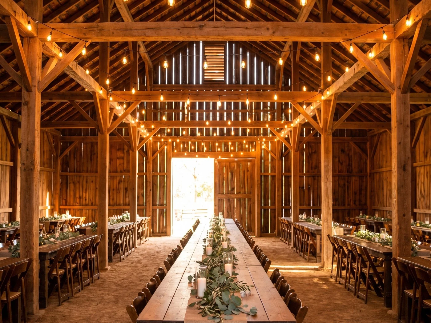 Long greenery-topped table runs down a huge timber barn toward open, daylight-filled doors.