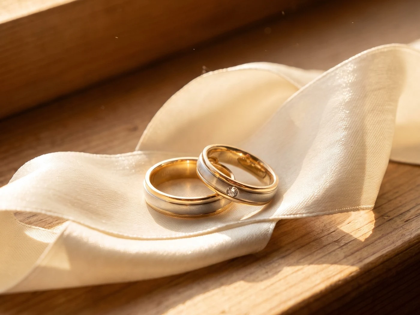 Two two-tone bands leaning together on cream ribbon, in raking sunlight on a windowsill.