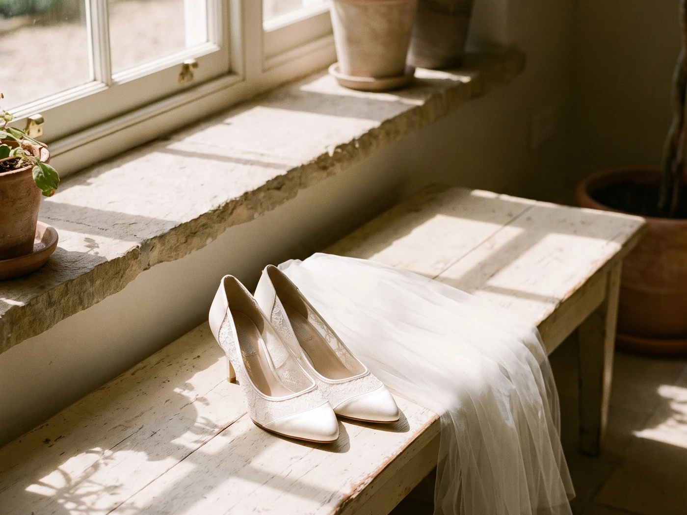 Ivory lace heels beside a tulle veil draped over a whitewashed bench in sunlight.