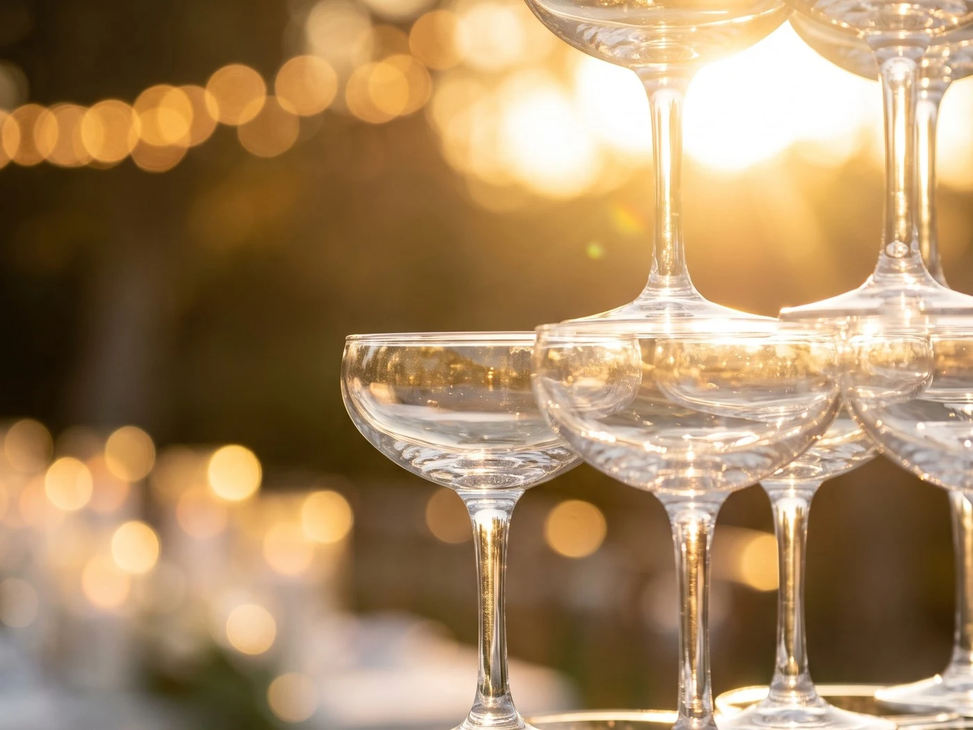 Empty coupe glasses stacked into a champagne tower, backlit by golden sunset and string lights.
