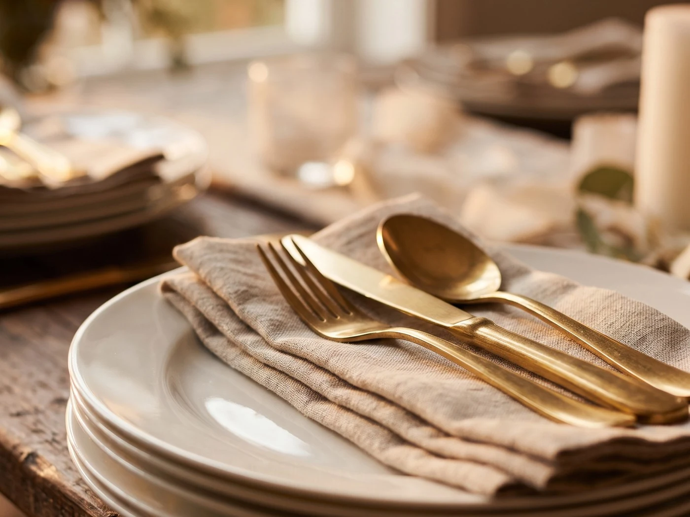 Stacked cream plates, folded linen napkin, and gold flatware on a rustic wooden dinner table.