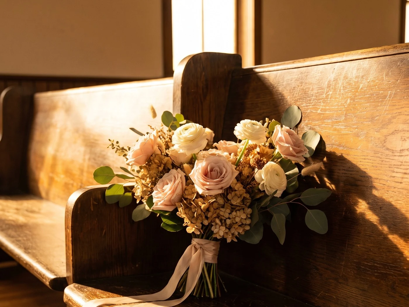 Blush rose bouquet with trailing silk ribbon resting on a sunlit wooden church pew.
