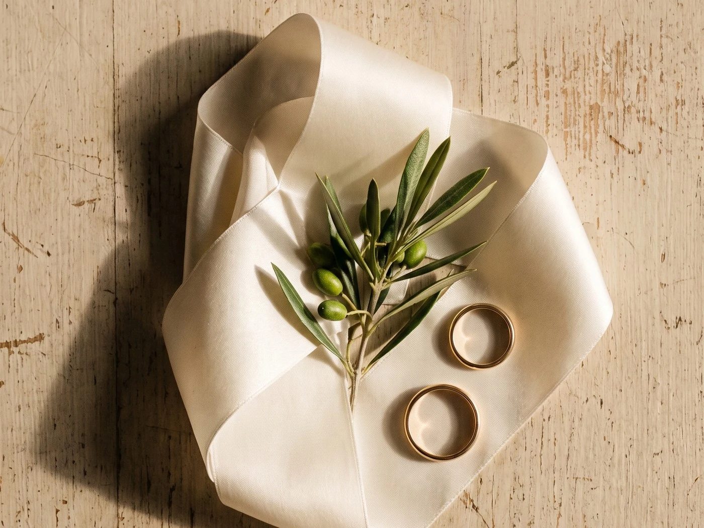 Two plain gold bands and an olive branch with olives on folded ribbon, overhead.