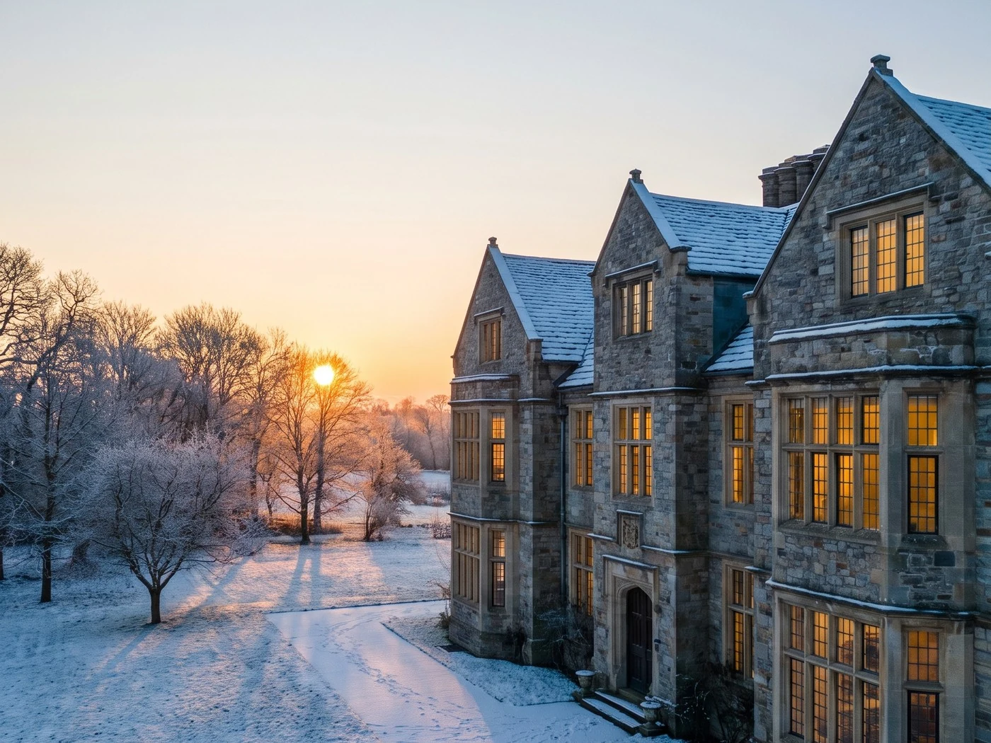 Stone manor with tall gold-lit windows overlooking a snowy lawn, bare trees, low winter sun.