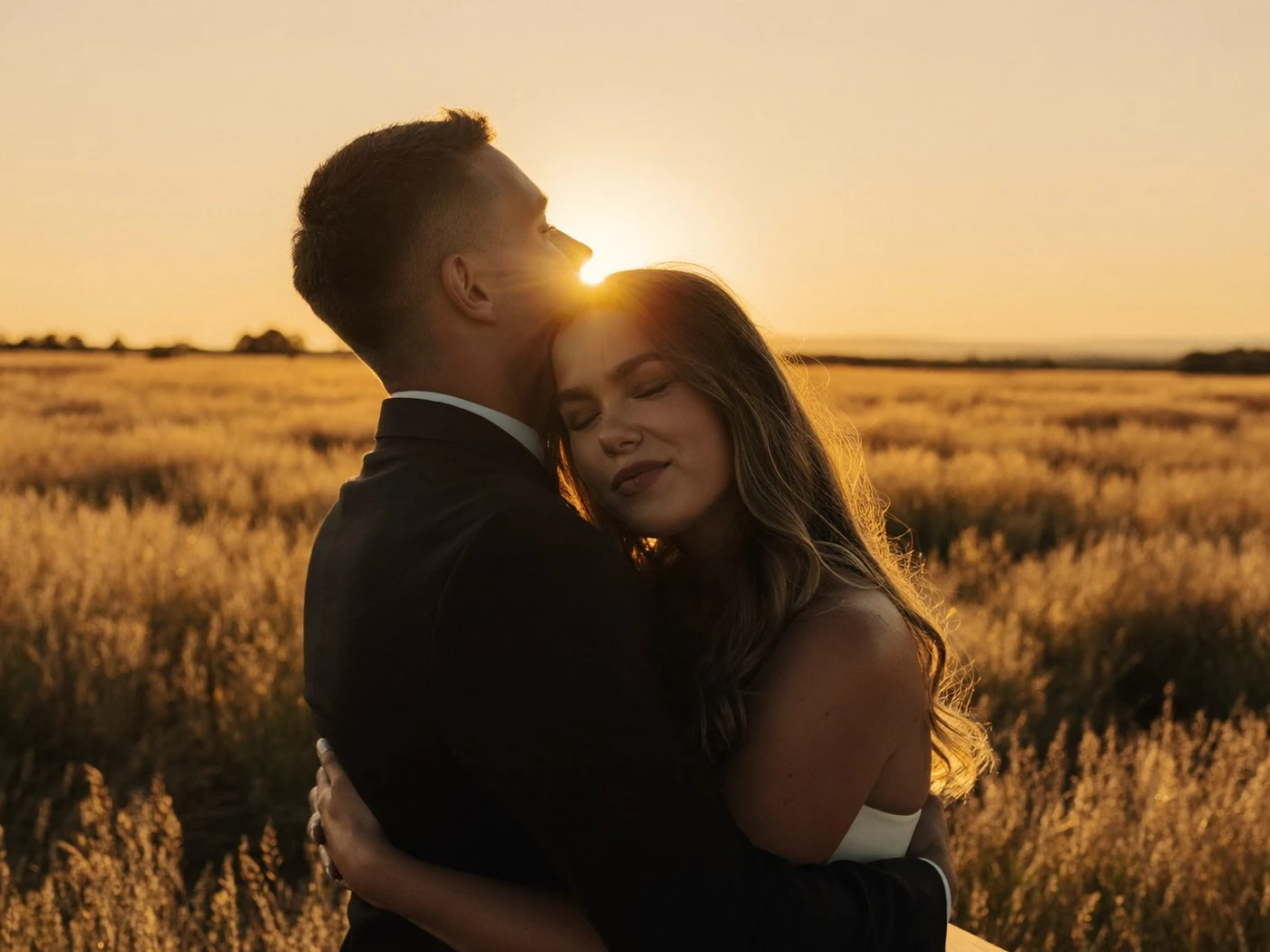 Bride's lit face rests on the groom's chest, eyes closed, sun flaring behind them.