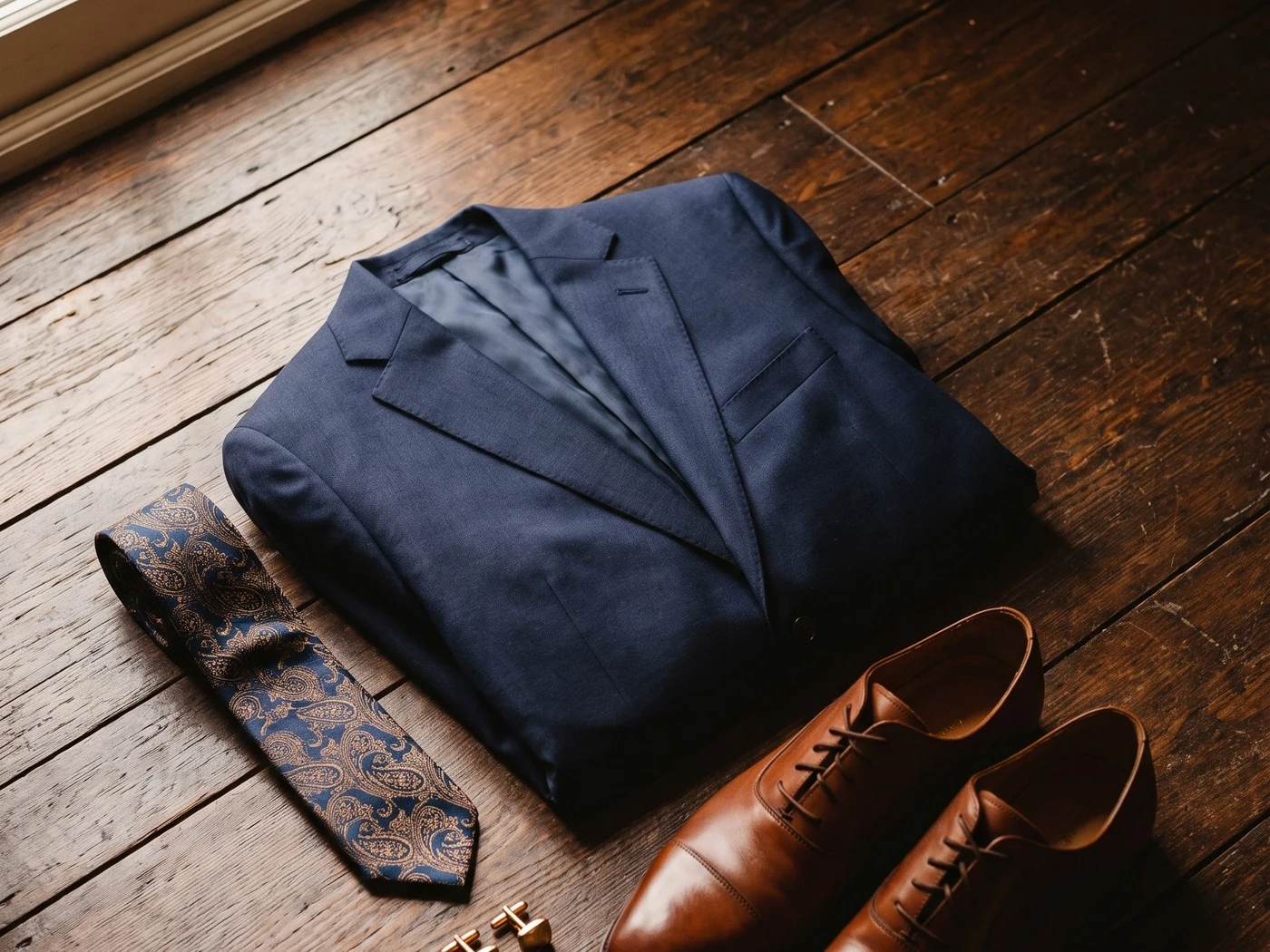 Navy suit jacket folded on dark floorboards with paisley tie, tan oxfords, gold cufflinks.