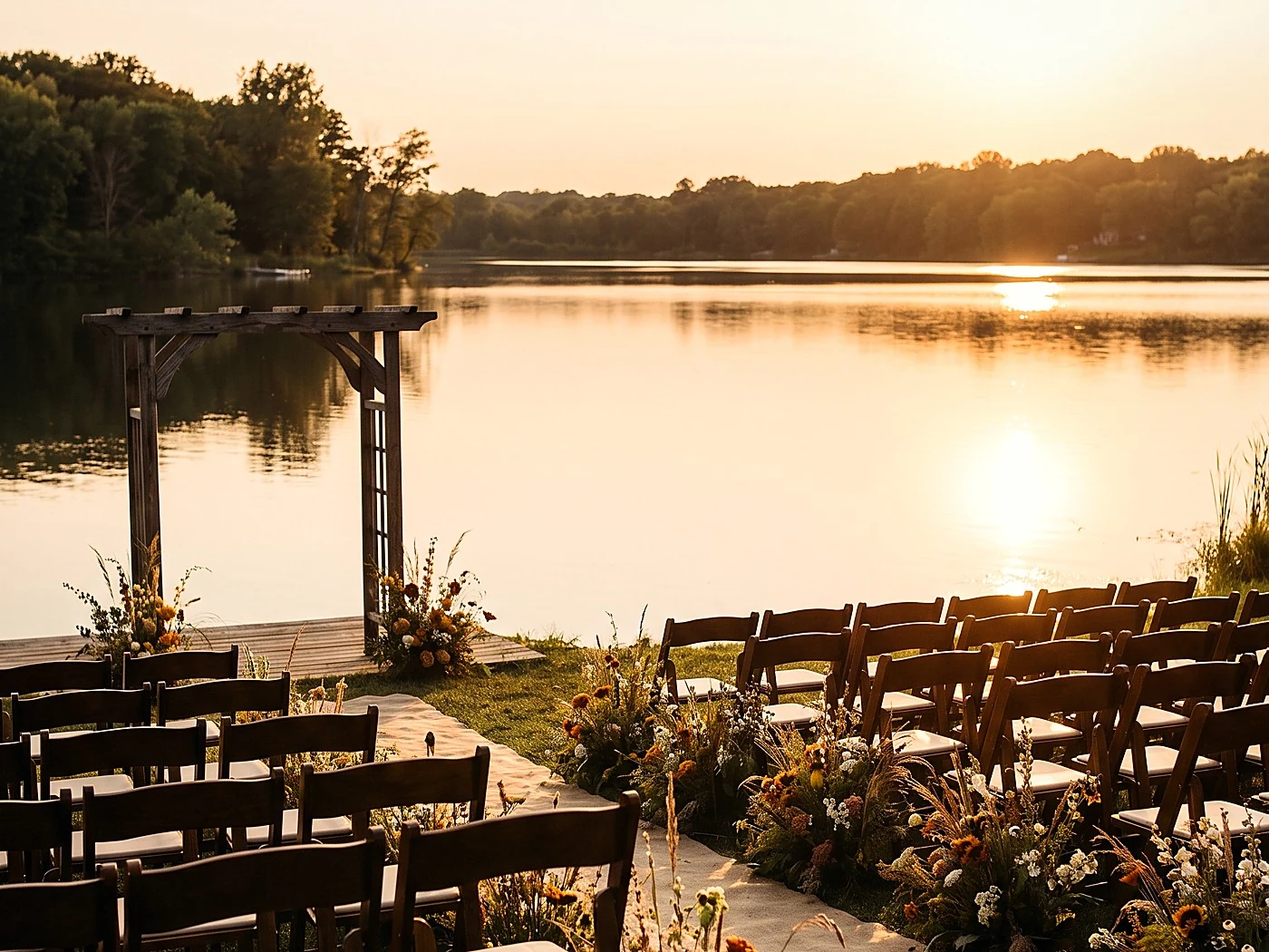 Wooden ceremony chairs and a timber arch beside a calm lake, wildflowers along the aisle.