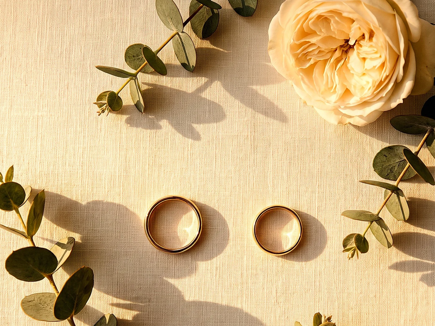Two gold wedding bands resting apart on ivory linen with eucalyptus and a cream rose.