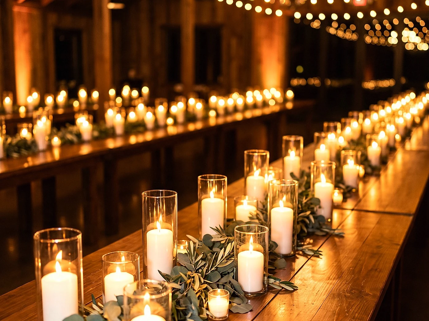 Long wooden banquet tables lined with glass pillar candles and eucalyptus, chandeliers glowing above.
