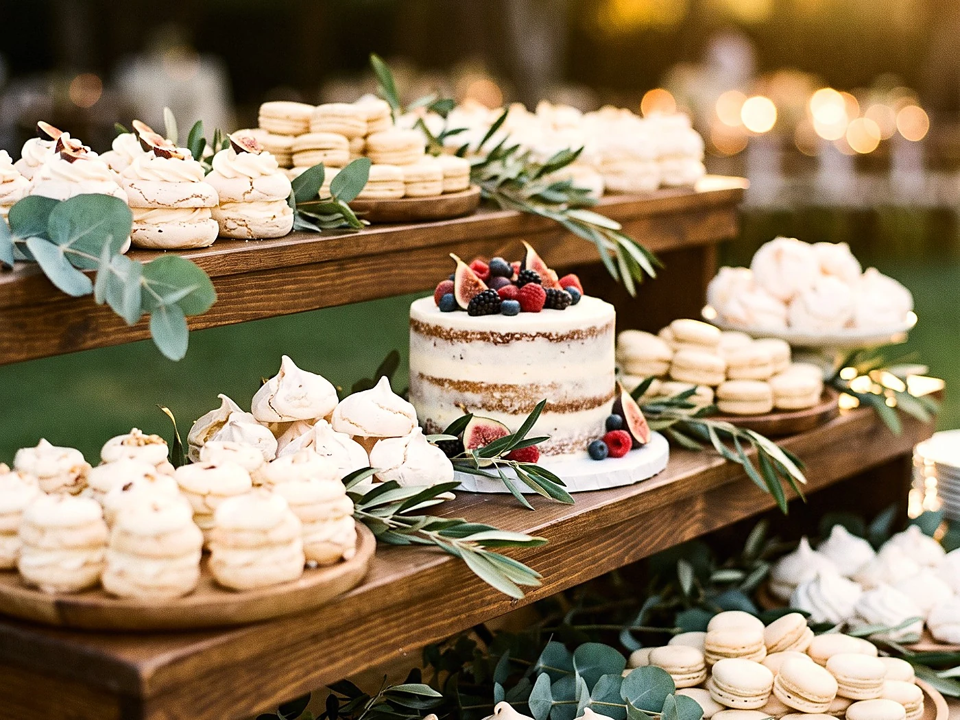 Tiered wooden dessert stand holding meringues, macarons and a small cake topped with berries.