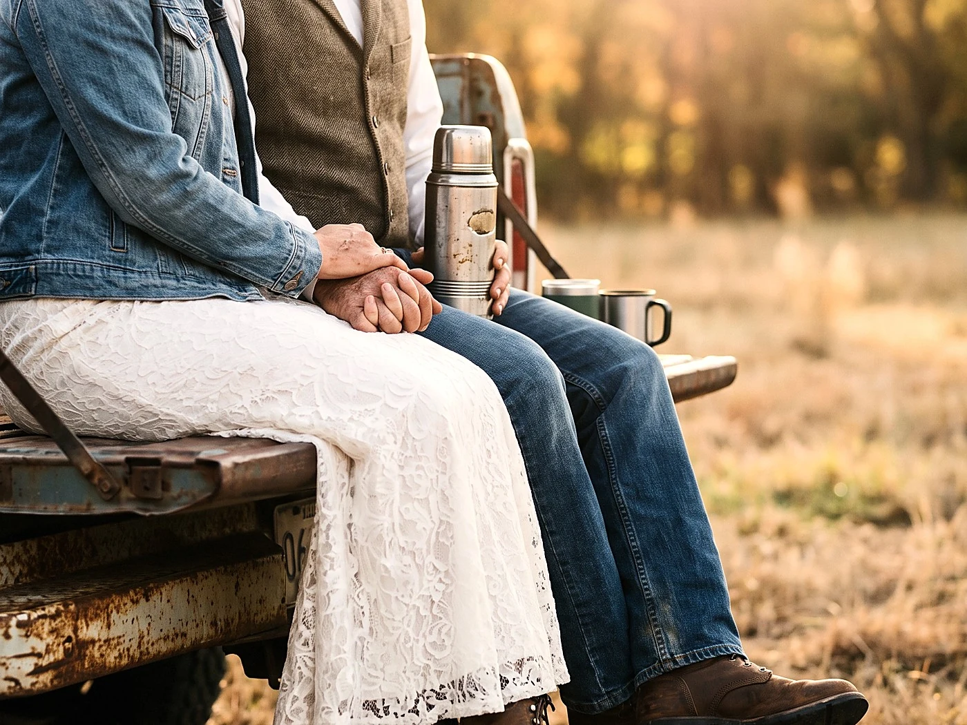 A couple sitting on a pickup tailgate in a field, boots swinging, thermos between them.