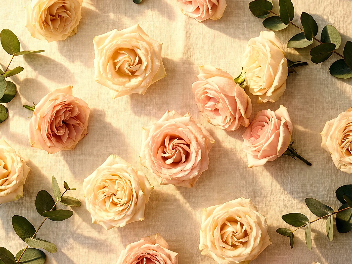 About twenty cut rose heads laid in an even grid across pale linen.