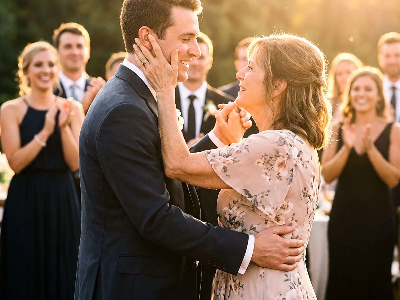 A groom dancing with his mother, her hand on his cheek, guests warm and soft behind.