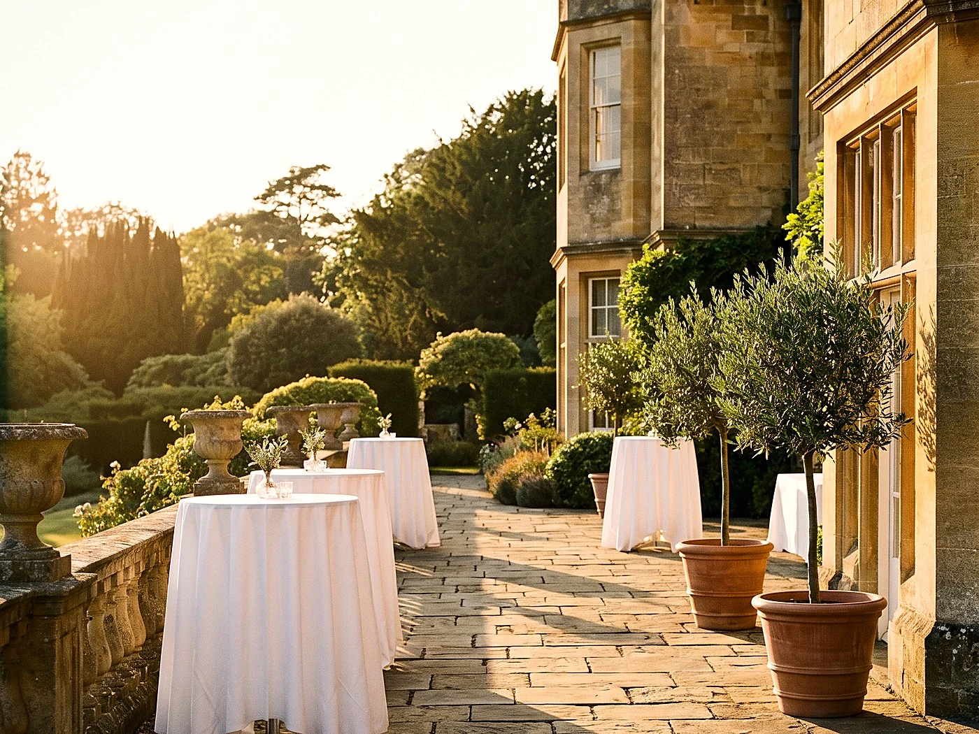 White-draped cocktail tables on a stone terrace beside a manor, potted olive trees, golden light.