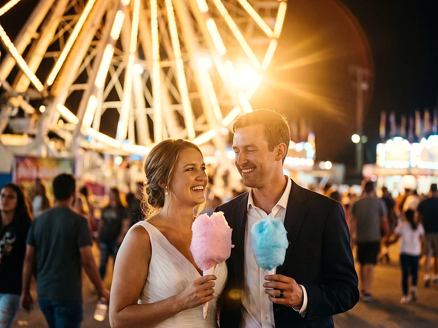 A couple lit by a fairground ferris wheel glow at night, cotton candy in hand.