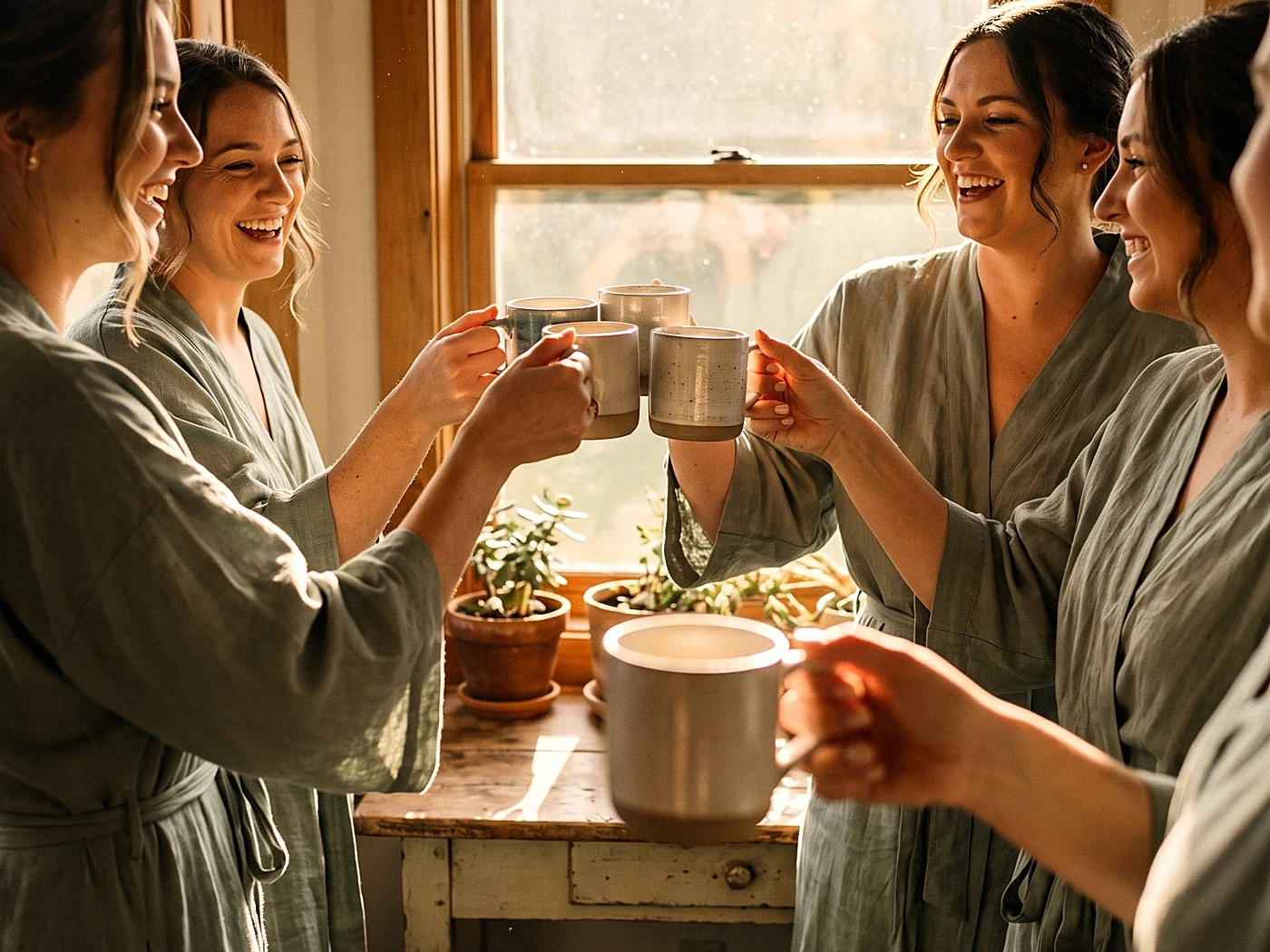 Five bridesmaids in matching sage robes toasting with coffee mugs by a farmhouse window, morning light.