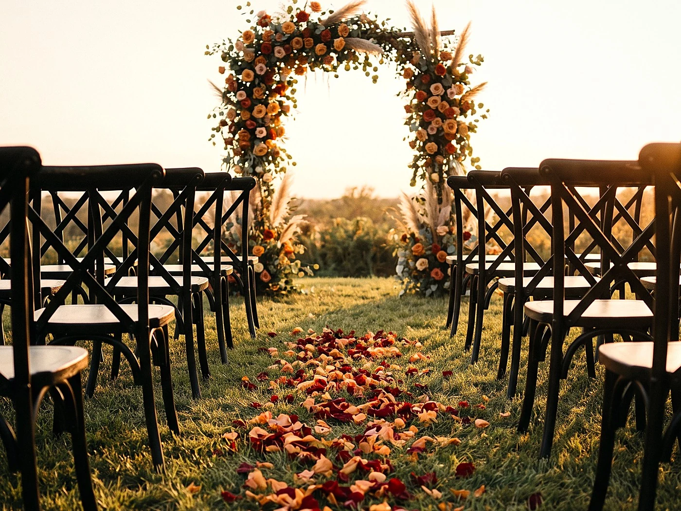 A petal-lined grass aisle between empty black cross-back chairs leading to a floral arch, low sun.