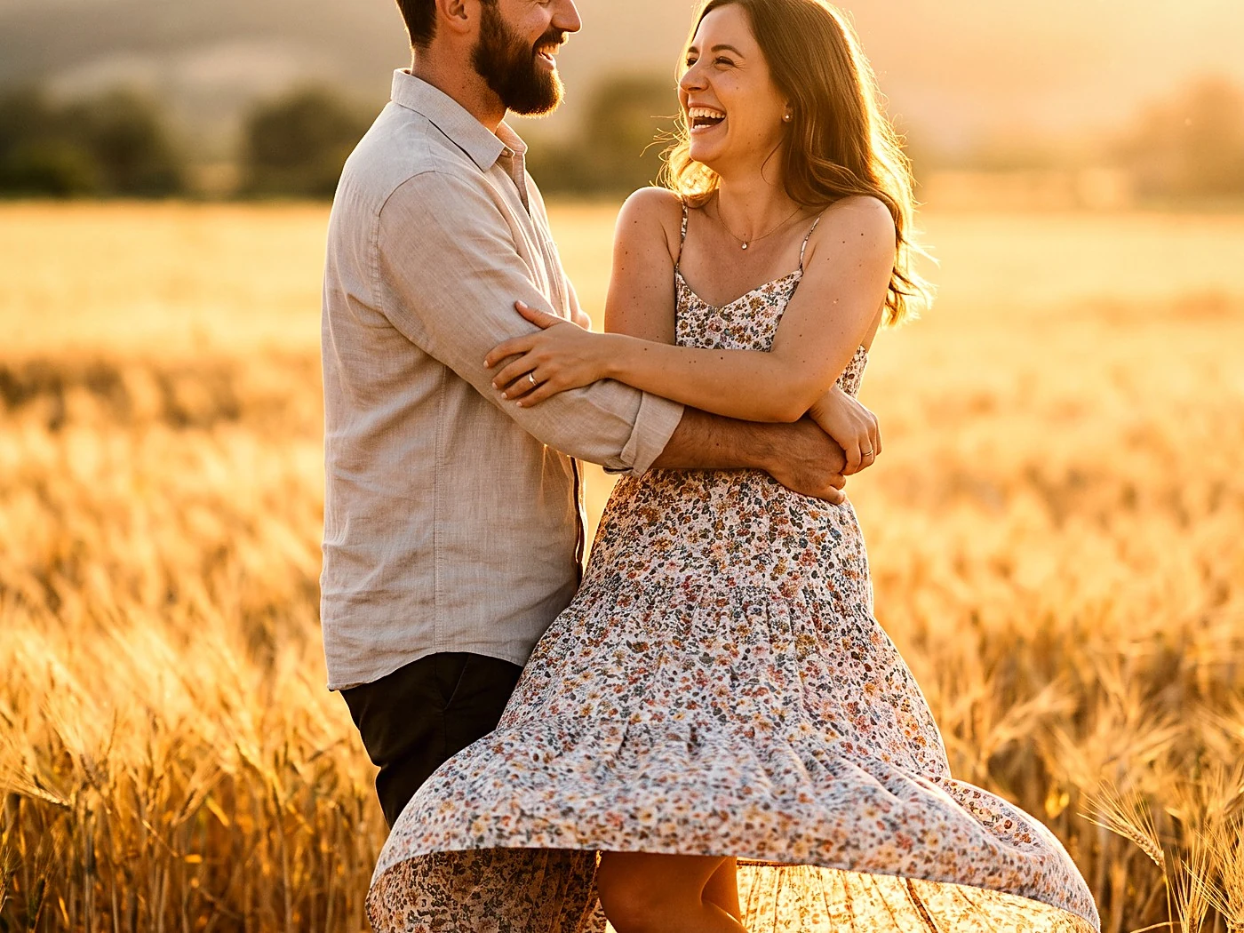 A man twirling his fiancee in a sundress in a golden field, skirt flaring, both laughing.