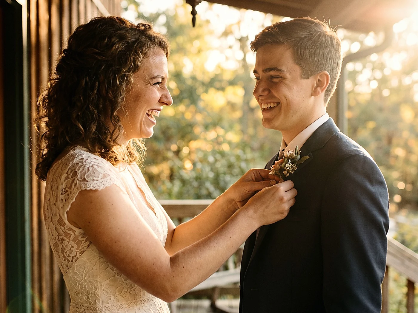 A bride fixing her younger brother's boutonniere, both grinning, porch light warm.