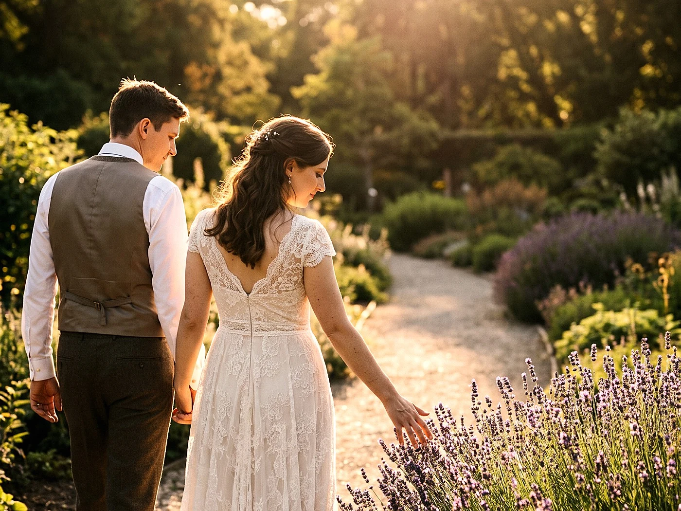 A couple strolling a botanical garden path, her trailing hand brushing lavender.