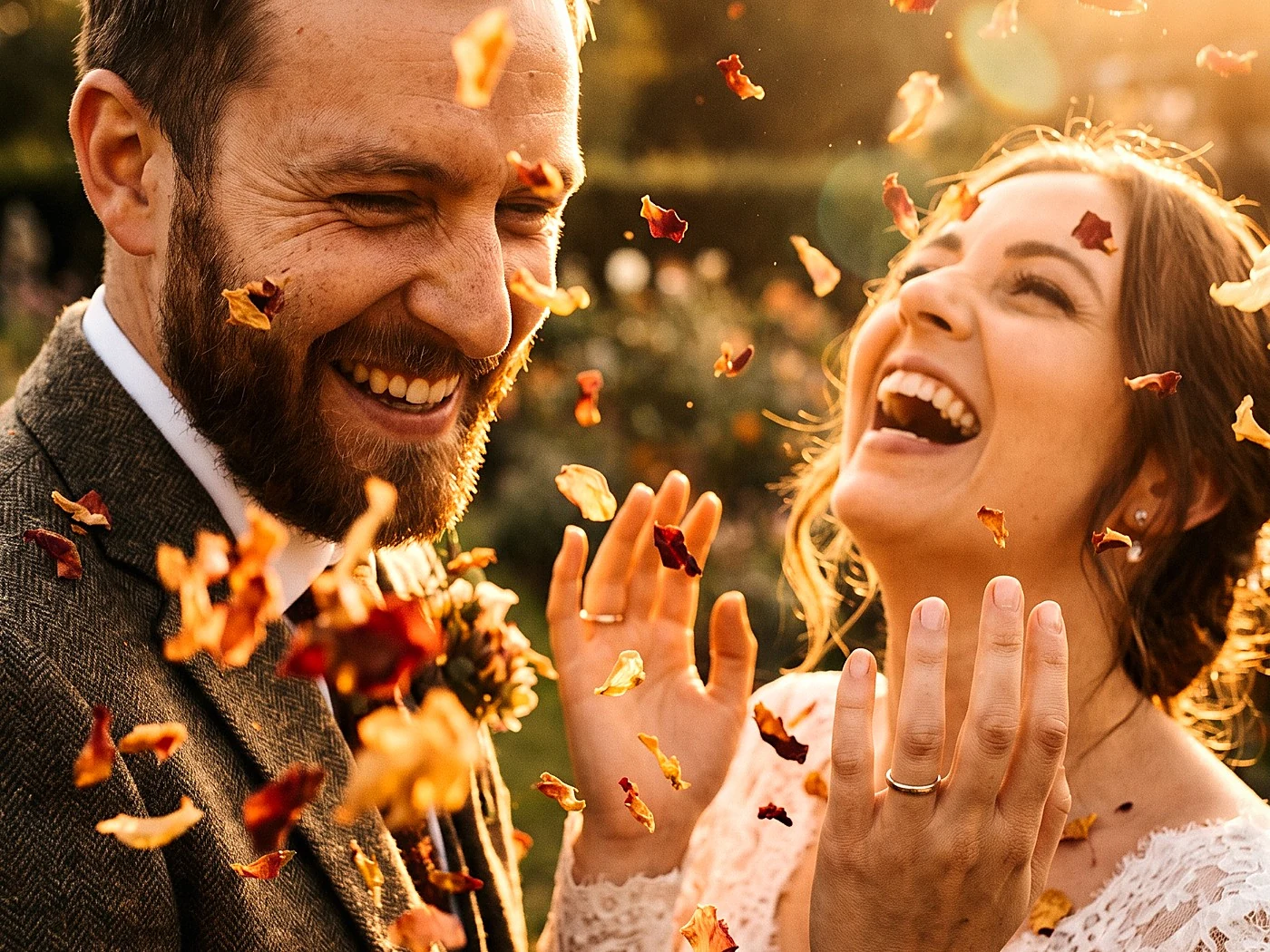 A couple laughing under falling dried petals, close crop, petals sharp in front, faces lit warm.