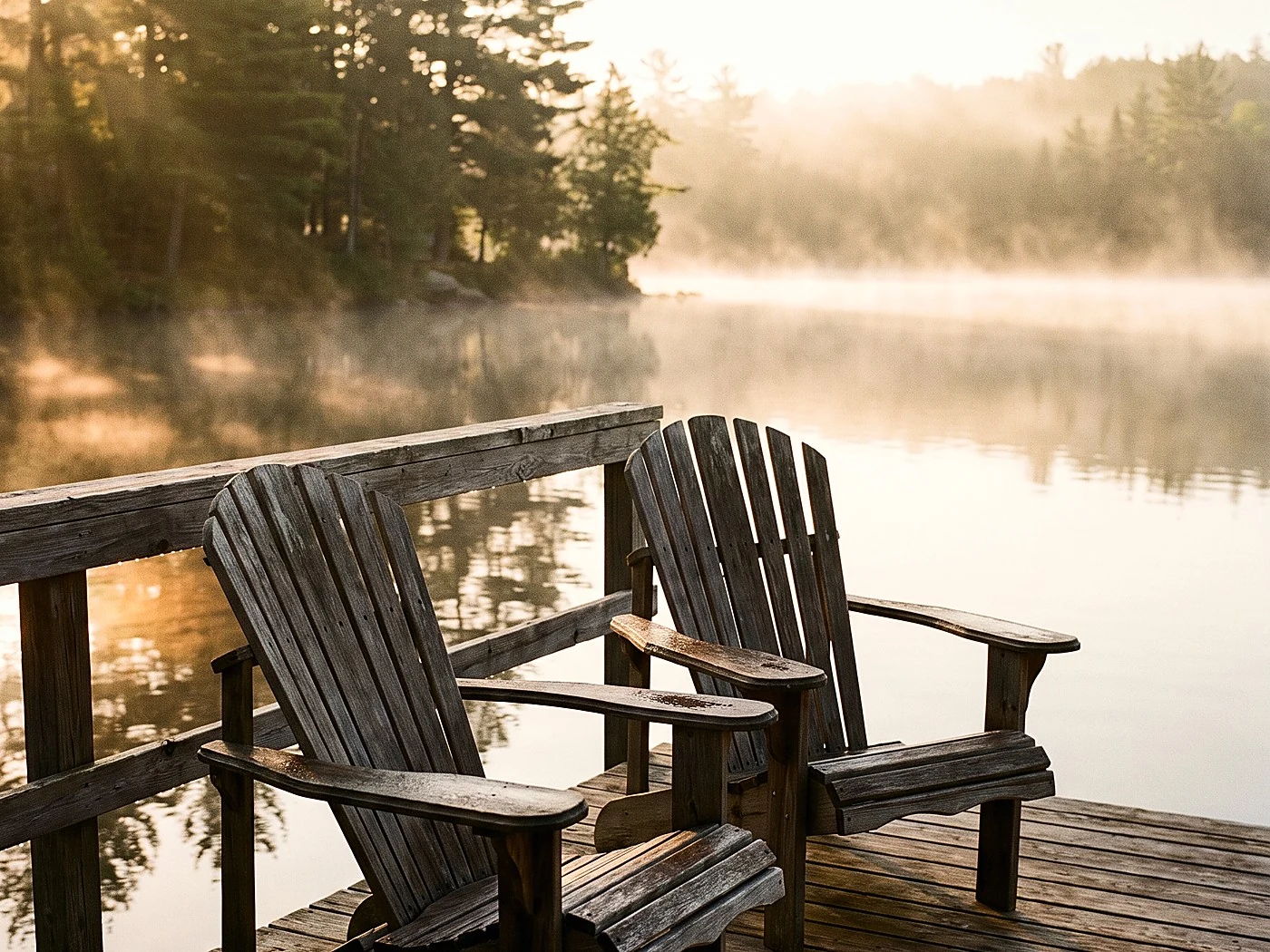 A wooden dock on a calm lake at sunrise, two empty chairs facing the water, mist rising.