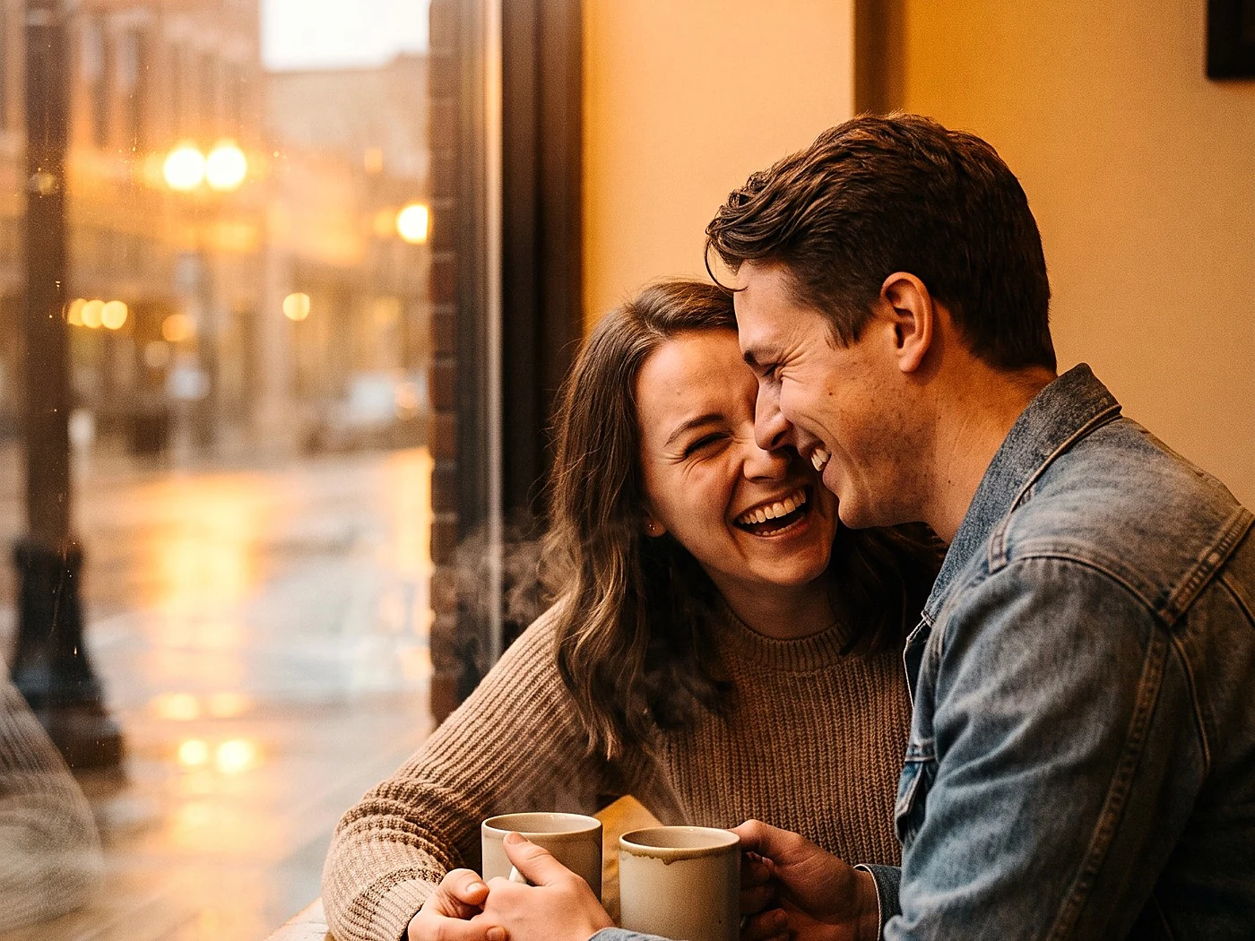 An engaged couple laughing over coffee at a cafe window table, steam rising, street light warm outside.