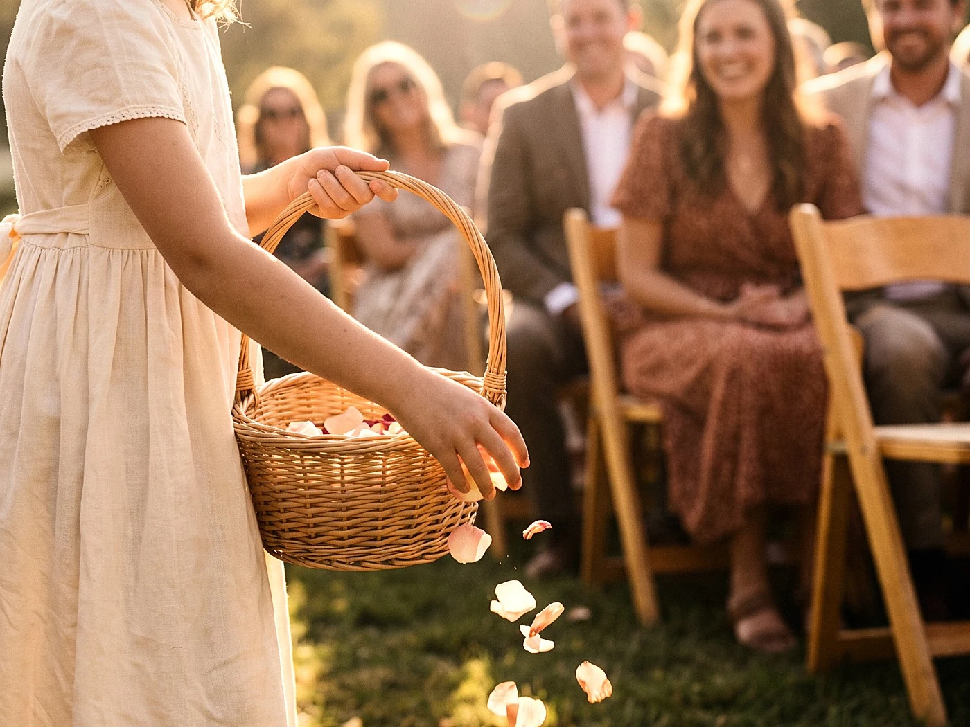 A flower girl in ivory scattering petals down a grass aisle, seated guests softly out of focus watching her.