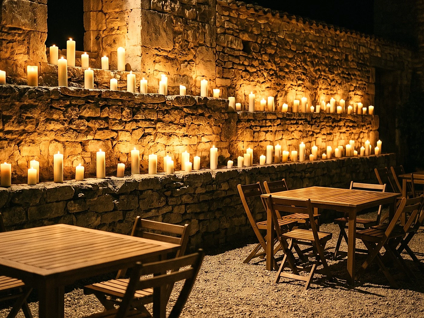 Dozens of pillar candles on stone ledges lighting a reception wall at night.