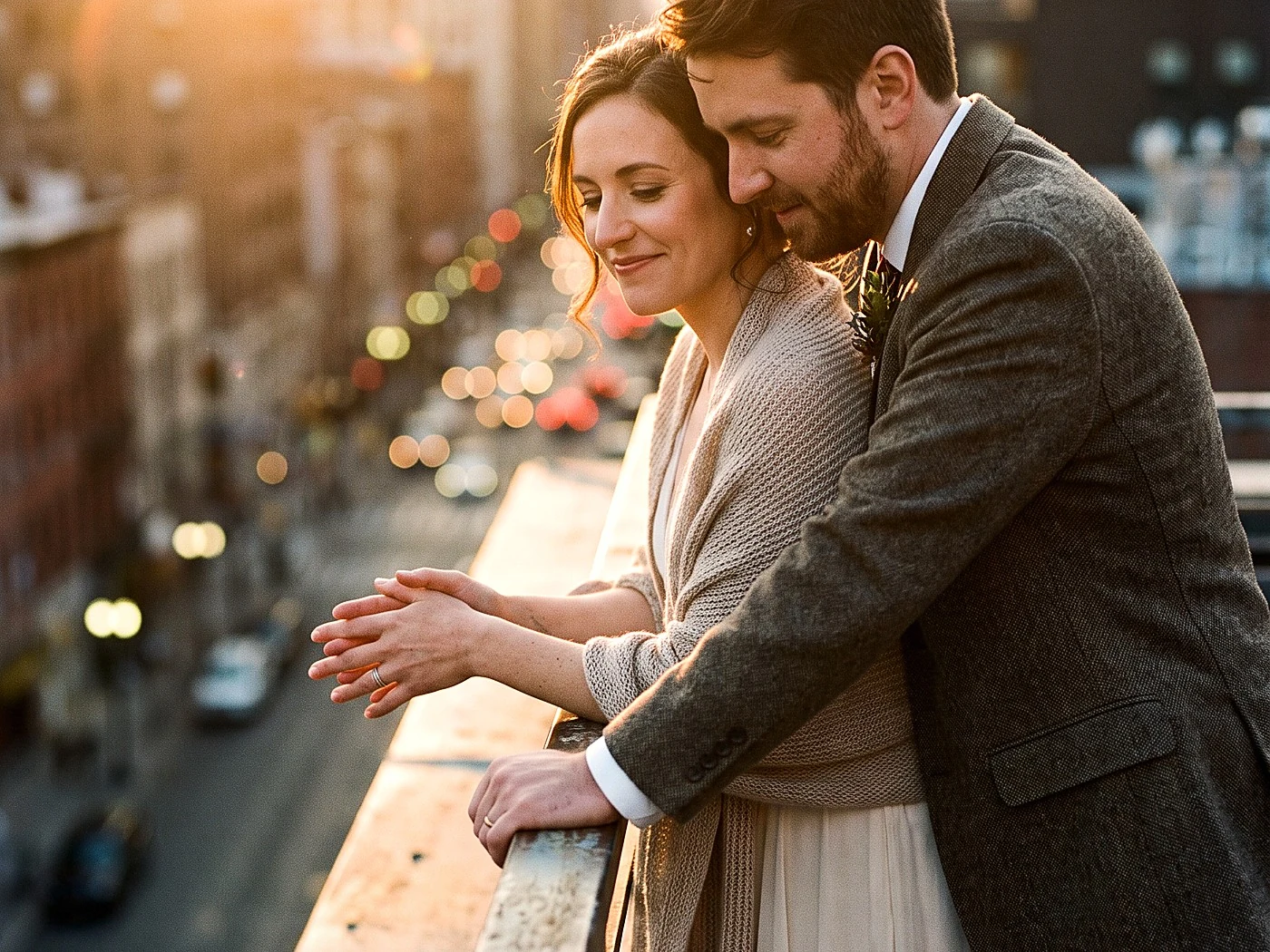 A couple leaning on a rooftop rail at blue hour, city glow warm behind them.