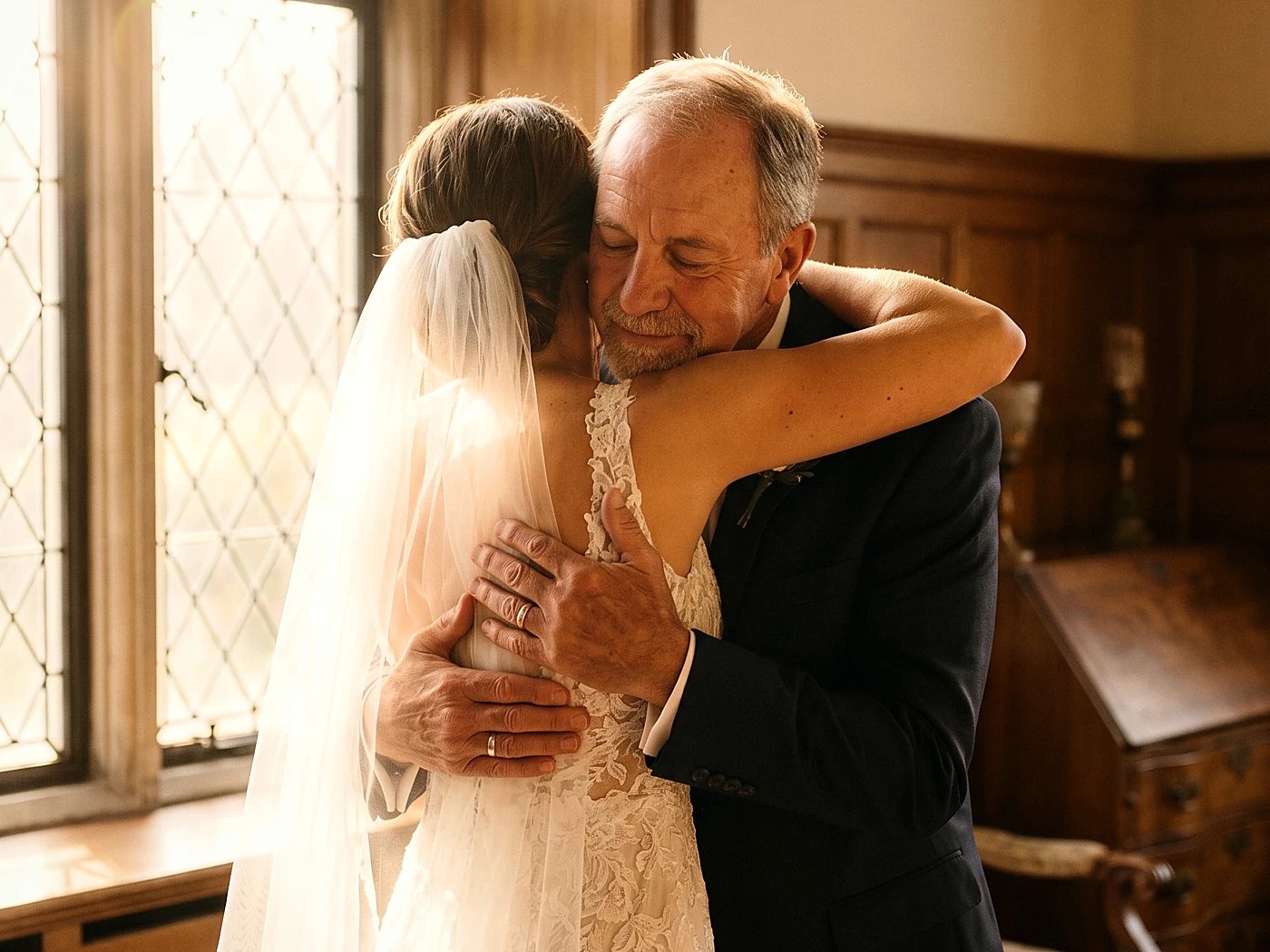 A bride hugging her father tightly before the ceremony, his eyes closed, soft window light.