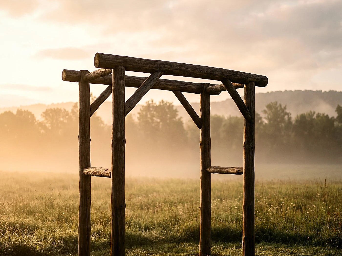 A bare timber ceremony arch in a misty meadow at dawn before decoration.