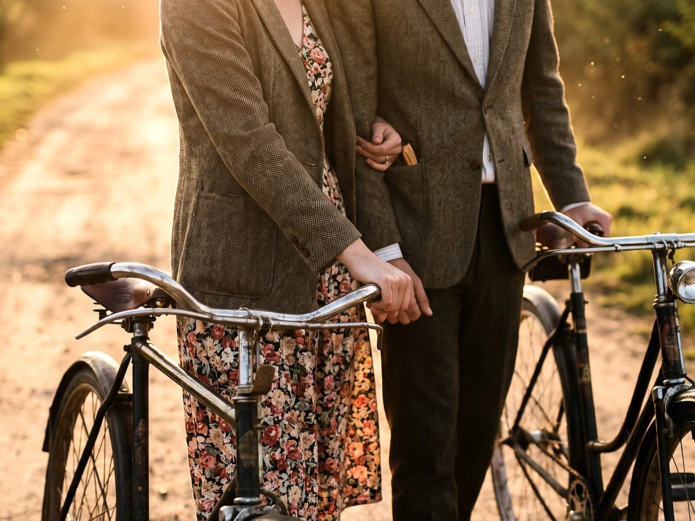 A couple walking vintage bikes down a country lane, her hand in his jacket pocket.