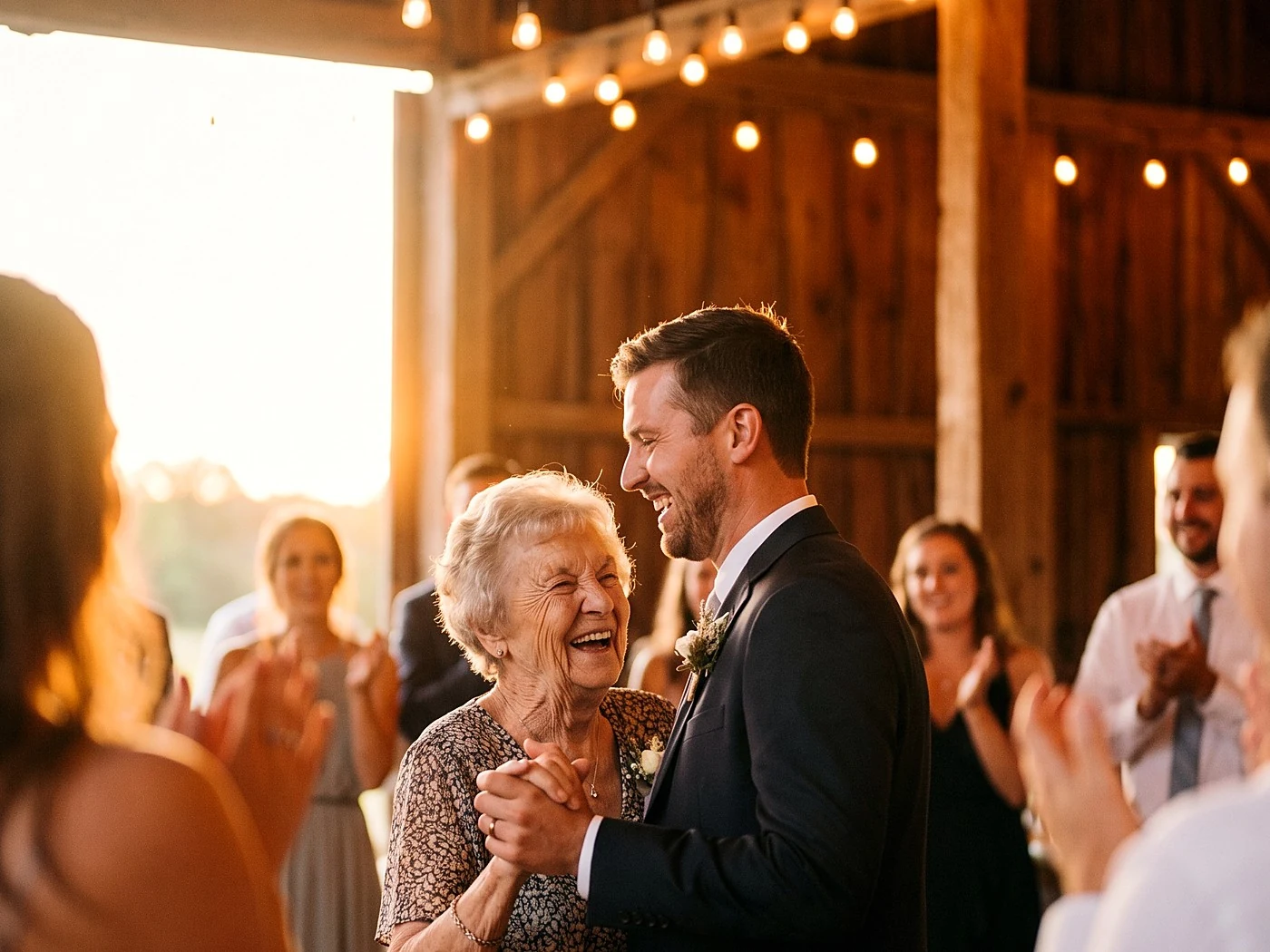 A groom dancing with his grandmother under barn string lights, both laughing, guests clapping around them softly.