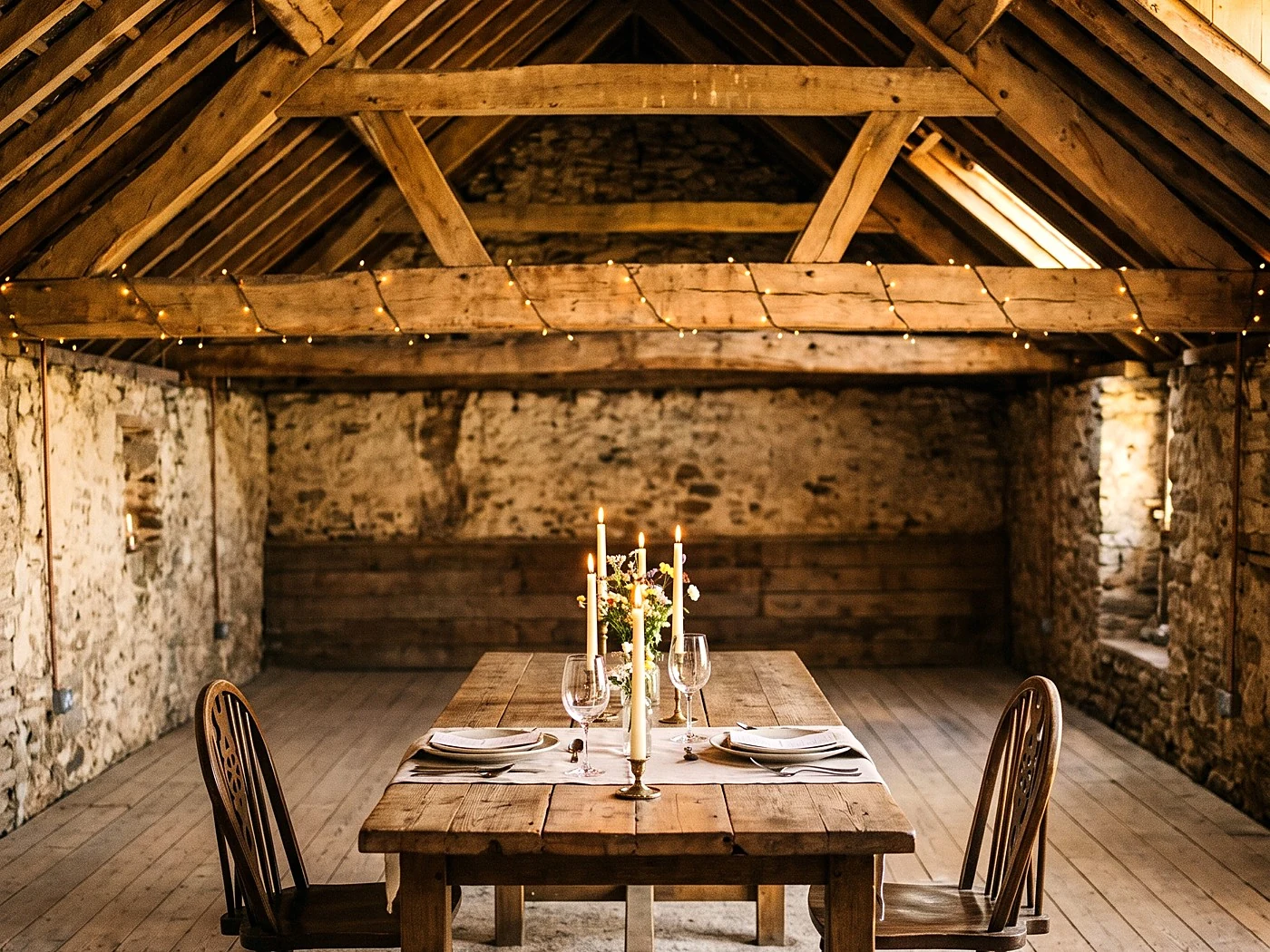 A restored barn loft with exposed trusses and a single farmhouse table set for two.