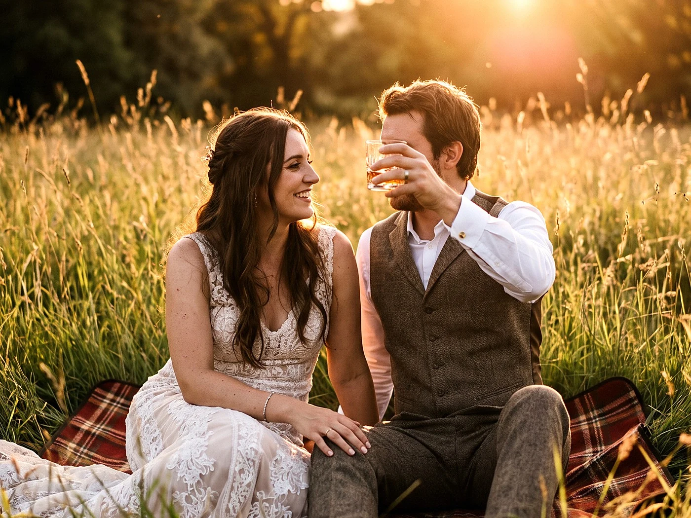 A couple on a plaid picnic blanket in tall grass, one lifting a glass, low amber sun.