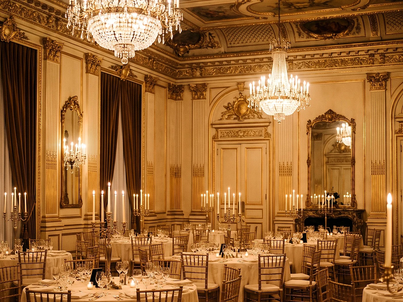 A grand gilded ballroom set for a wedding, round tables with taper candles, chandeliers glowing.