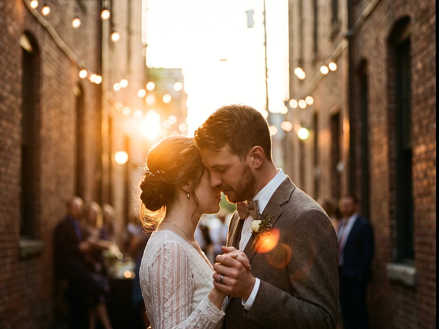 A couple slow dancing in a warm brick alley downtown at dusk, string cafe lights above.